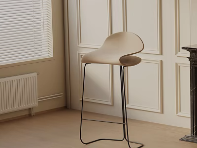 Modern Beige Bar Stool With Black Metal Frame In Interior With Blinds And Wooden Floor 3d model