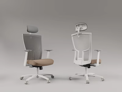 Modern Office Chair With Mesh Backrest Adjustable Headrest Brown Seat White Frame Swivel Wheels 3d model