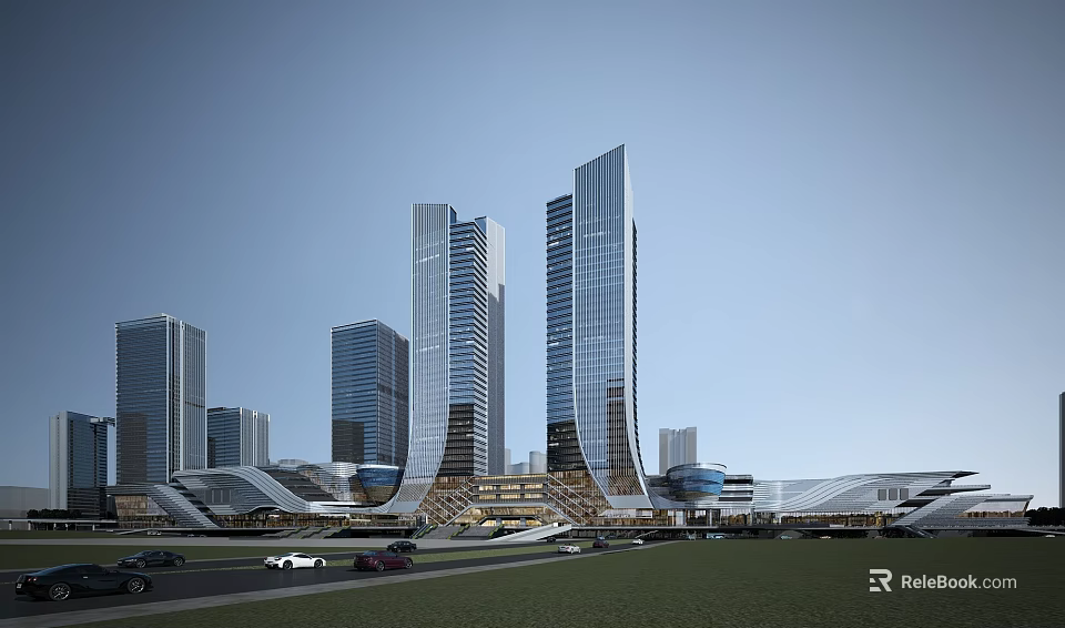 Modern Tall Office Buildings With Glass Facades In Urban City Landscape 3d model 