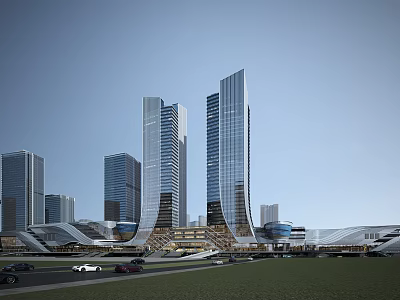 Modern Tall Office Buildings With Glass Facades In Urban City Landscape 3d model