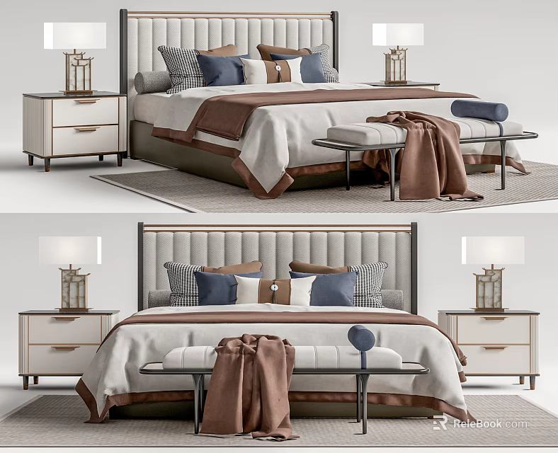 Elegant Modern Double Bed With Decorative Pillows Bedside Tables Lamps And Bench 3d model 