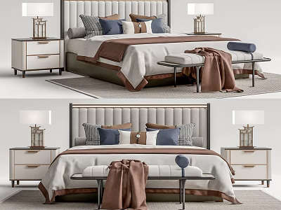 Elegant Modern Double Bed With Decorative Pillows Bedside Tables Lamps And Bench 3d model