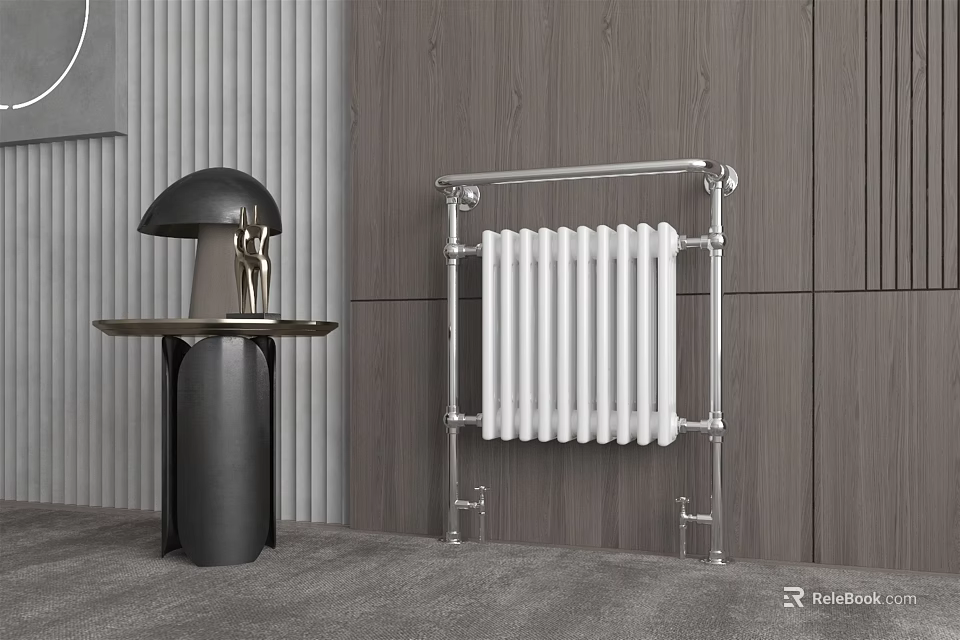 Modern White Radiator With Silver Metal Frame In Contemporary Interior And Gray Wall Design 3d model 