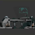 Futuristic Tech Console With Curved Design Holographic Projection Control Panels And Green Blue Accents