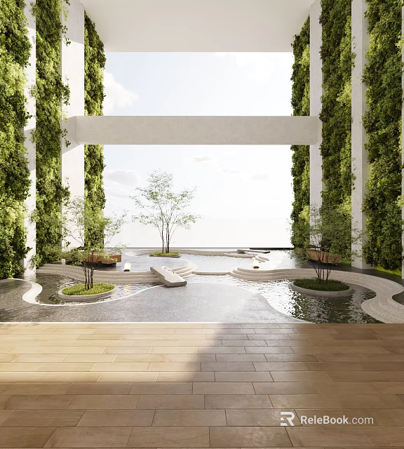 Modern Leisure Area With Green Walls Water Pool Loungers Sea View And Wooden Flooring 3d model 