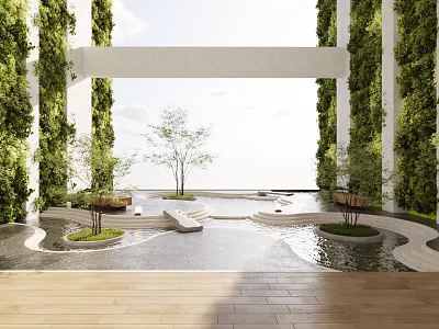 Modern Leisure Area With Green Walls Water Pool Loungers Sea View And Wooden Flooring 3d model