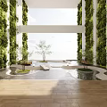 Modern Leisure Area With Green Walls Water Pool Loungers Sea View And Wooden Flooring