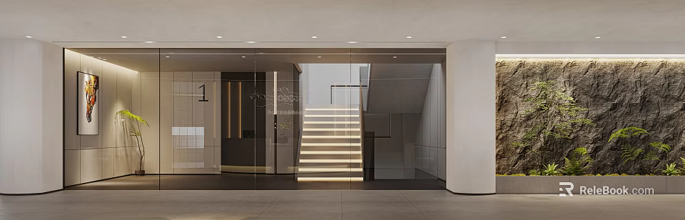 Modern Entrance Hall With Glass Doors Staircase And Ambient Lighting Design 3d model 