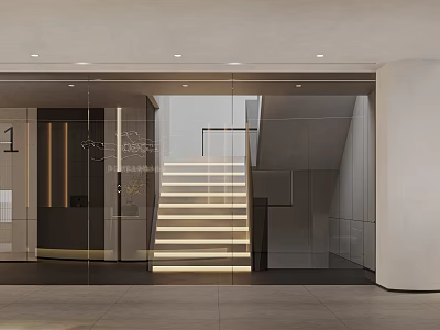 Modern Entrance Hall With Glass Doors Staircase And Ambient Lighting Design 3d model