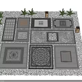 Various Patterned Floor Tiles Design Display With Small Green Plants Lantern Lamps And Gravel Border