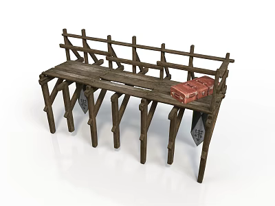 Wooden Bench Structure With Multiple Legs And Red Object On Top 3d model
