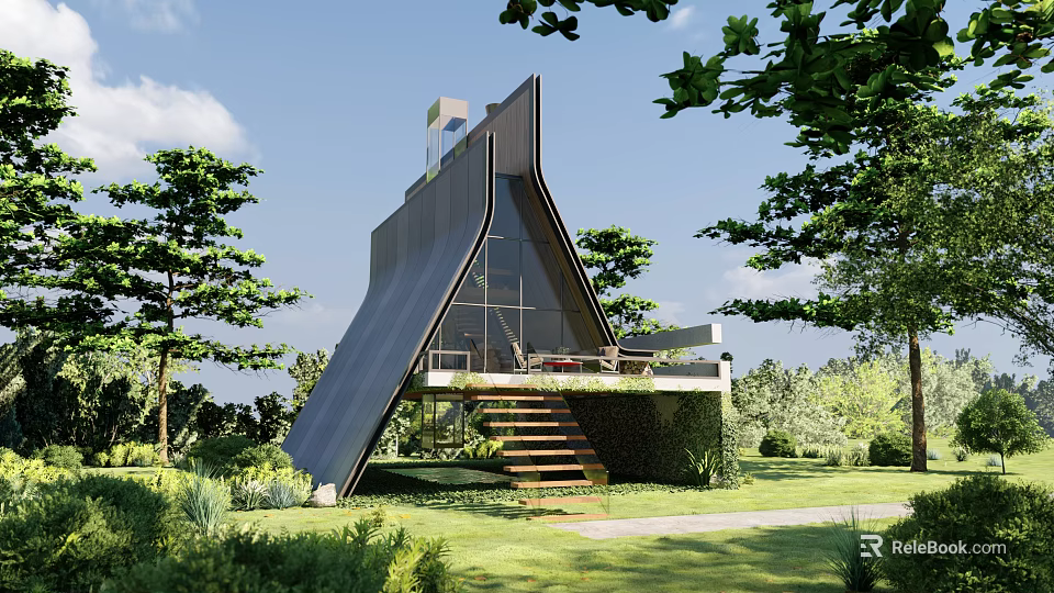 Modern Detached Villa With Unique Triangular Roof And Large Glass Windows In Natural Surroundings 3d model 