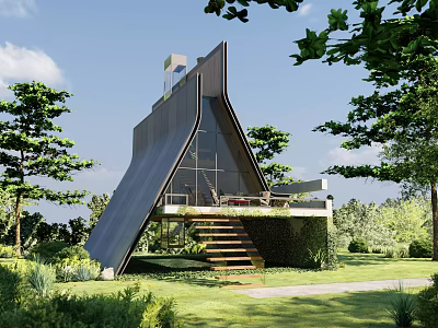 Modern Detached Villa With Unique Triangular Roof And Large Glass Windows In Natural Surroundings 3d model
