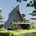 Modern Detached Villa With Unique Triangular Roof And Large Glass Windows In Natural Surroundings