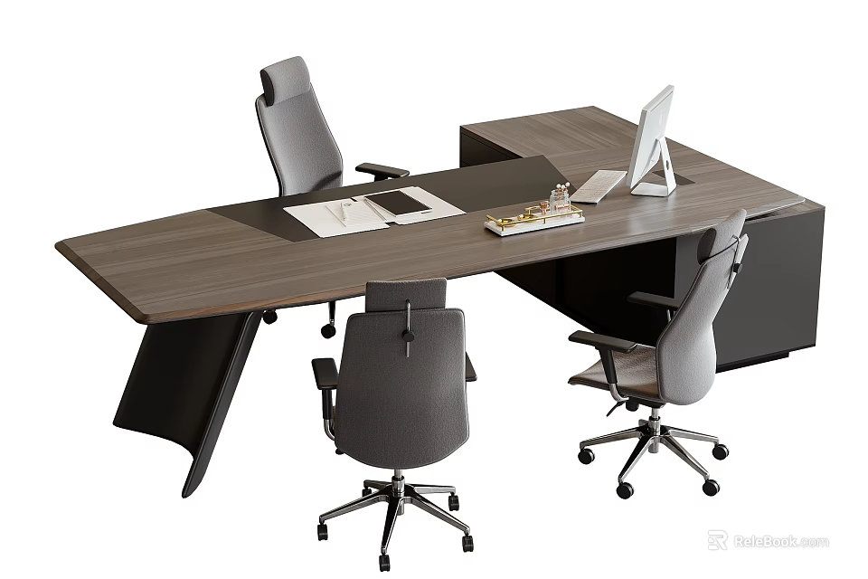 Modern Office Desk And Chair Set With Laptop Documents And Items 3d model 
