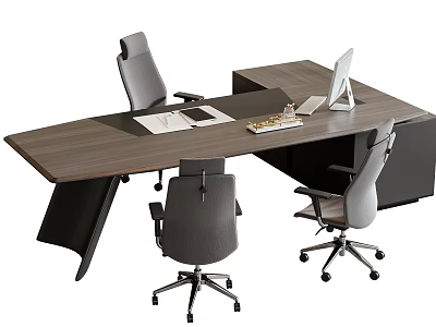 Modern Office Desk And Chair Set With Laptop Documents And Items 3d model