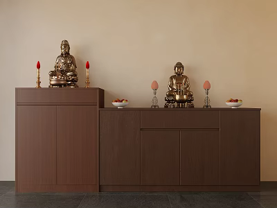 Traditional Buddhist Altar Setup With Two Golden Buddha Statues Red Candles And Fruit Offerings 3d model