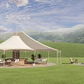 Scenic Campsite With White Tent Grassland Mountain View Trees And Bonfire Gathering