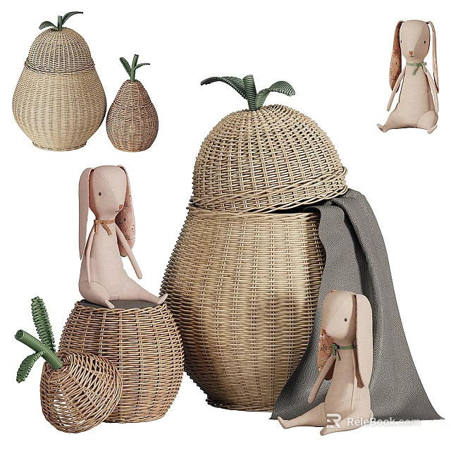 Woven Storage Baskets With Rabbit Dolls And Pineapple Shaped Decor Items 3d model 