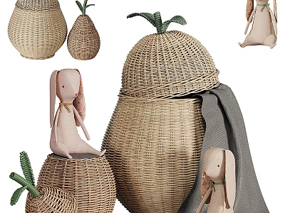 Woven Storage Baskets With Rabbit Dolls And Pineapple Shaped Decor Items 3d model