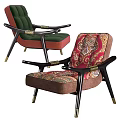 Stylish Accent Chair With Patterned Red Upholstery Black Wooden Arms And Gold Decor Accents