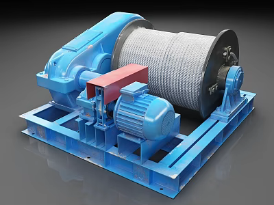 Blue Industrial Winch With Steel Cable Drum And Electric Motor Base 3d model