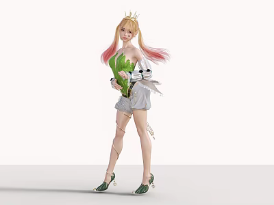 Woman with golden pink hair wearing crown white green outfit holding leaf in high heels 3d model