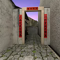 Garden Landscape With Stone Paved Courtyard White Building Tile Roof And Red Motorcycle