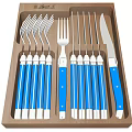 Cutlery Set With Blue Handles In Wooden Box Including Forks Knives And Spoons