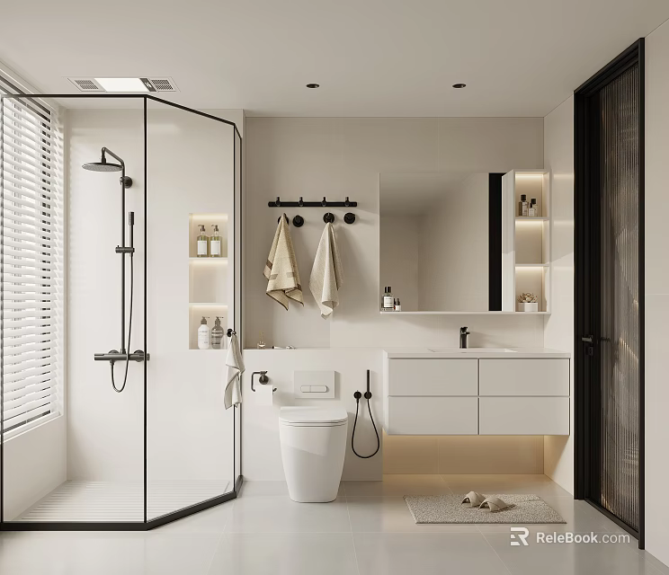 Modern Bathroom Interior With Glass Shower Smart Toilet Vanity And Mirror 3d model 