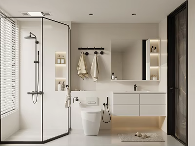Modern Bathroom Interior With Glass Shower Smart Toilet Vanity And Mirror 3d model