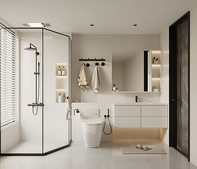 Modern Bathroom Interior With Glass Shower Smart Toilet Vanity And Mirror 3d model