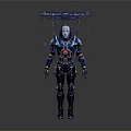 Futuristic Mechanical Cyborg Figure With Advanced Metallic Armor And Suspended Structure Above Head