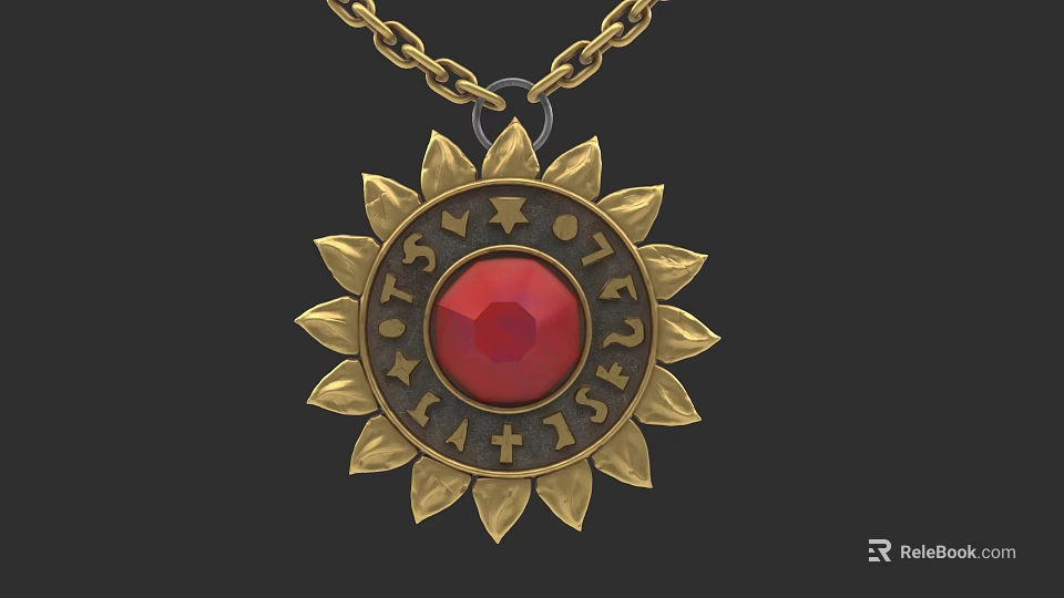 Gold Sunflower Shaped Pendant With Red Gemstone And Engraved Letters On Chain 3d model 