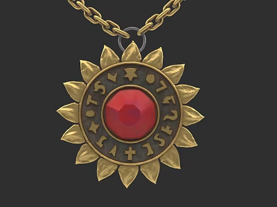 Gold Sunflower Shaped Pendant With Red Gemstone And Engraved Letters On Chain 3d model