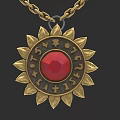 Gold Sunflower Shaped Pendant With Red Gemstone And Engraved Letters On Chain