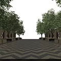 Symmetrical Garden Landscape Design With Herringbone Paving Pathway And Lush Green Trees
