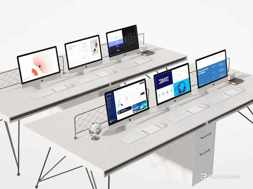 Multiple Computer Monitors On Modern Office Desk With Keyboard Mouse And Workstation Setup 3d model