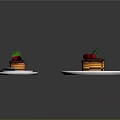 Delicious Mini Cakes With Chocolate Topping Fresh Berries And Green Leaves On White Plates