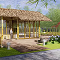 Traditional Thatched House With Bamboo Structure Glass Windows Stone Path And Hydrangea Garden