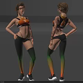 Fitness Woman in Orange Green Gradient Bra Leggings with Arm Tattoo Front Back View