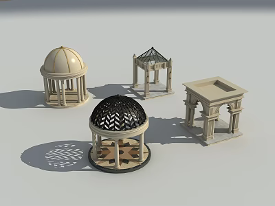 Various Style Pavilion Models with Domed Pointed Roofs Light Colored Materials and Openwork Details 3d model