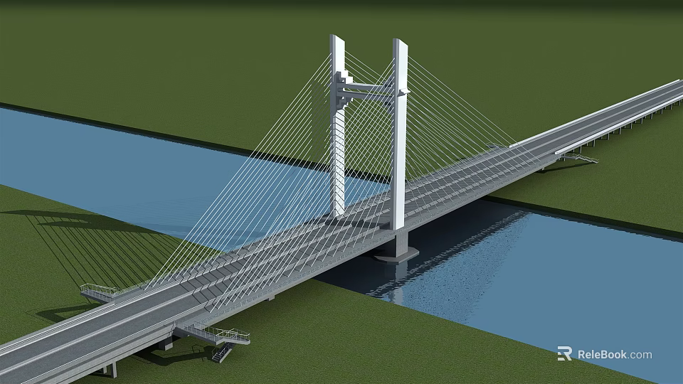 Modern Cable Stayed Bridge With White Towers Cables Over Blue River Surrounded By Green Grass 3d model