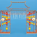 Colorful Lantern Decor Scene With Red Yellow Lanterns And White String Lights On Blue Background 3d model