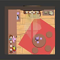 Cartoon Cozy Scene With Pink Shelves Colorful Items Table Stools Red Rug And Warm Light