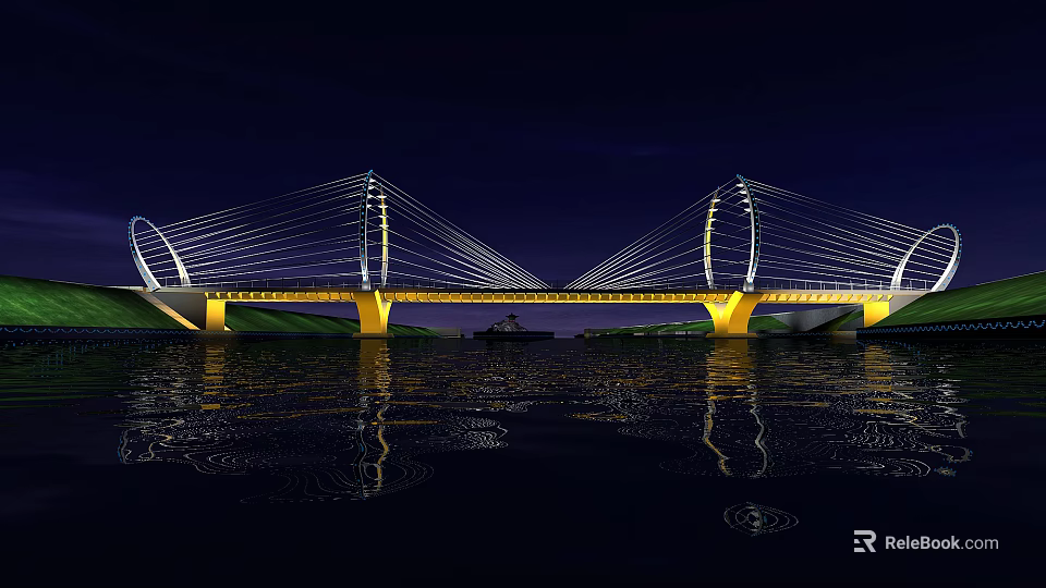 Illuminated Cable Stayed Bridge With Yellow Piers And Water Reflection At Night 3d model 