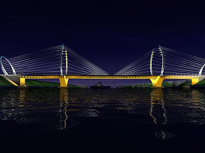 Illuminated Cable Stayed Bridge With Yellow Piers And Water Reflection At Night 3d model