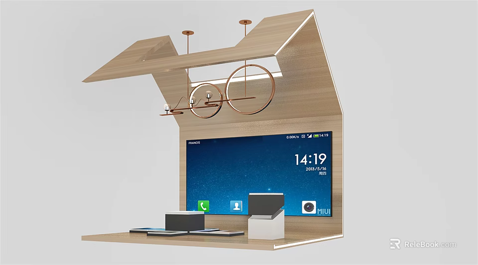 Modern Wooden Display Shelf With Screen And Copper Decor Elements For Electronics 3d model
