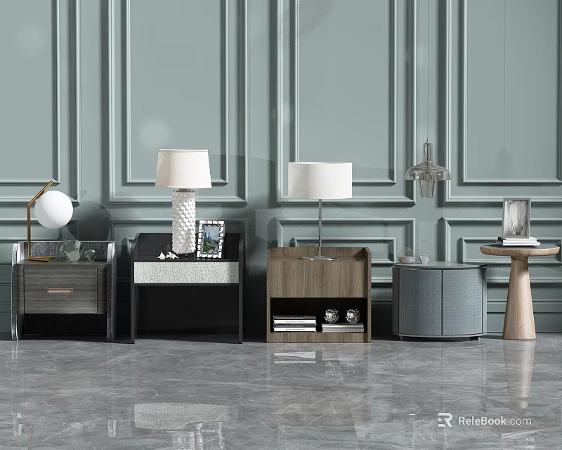Modern Bedside Tables in Various Styles with Table Lamps and Decor on Polished Floor 3d model 