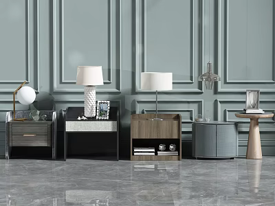 Modern Bedside Tables in Various Styles with Table Lamps and Decor on Polished Floor 3d model